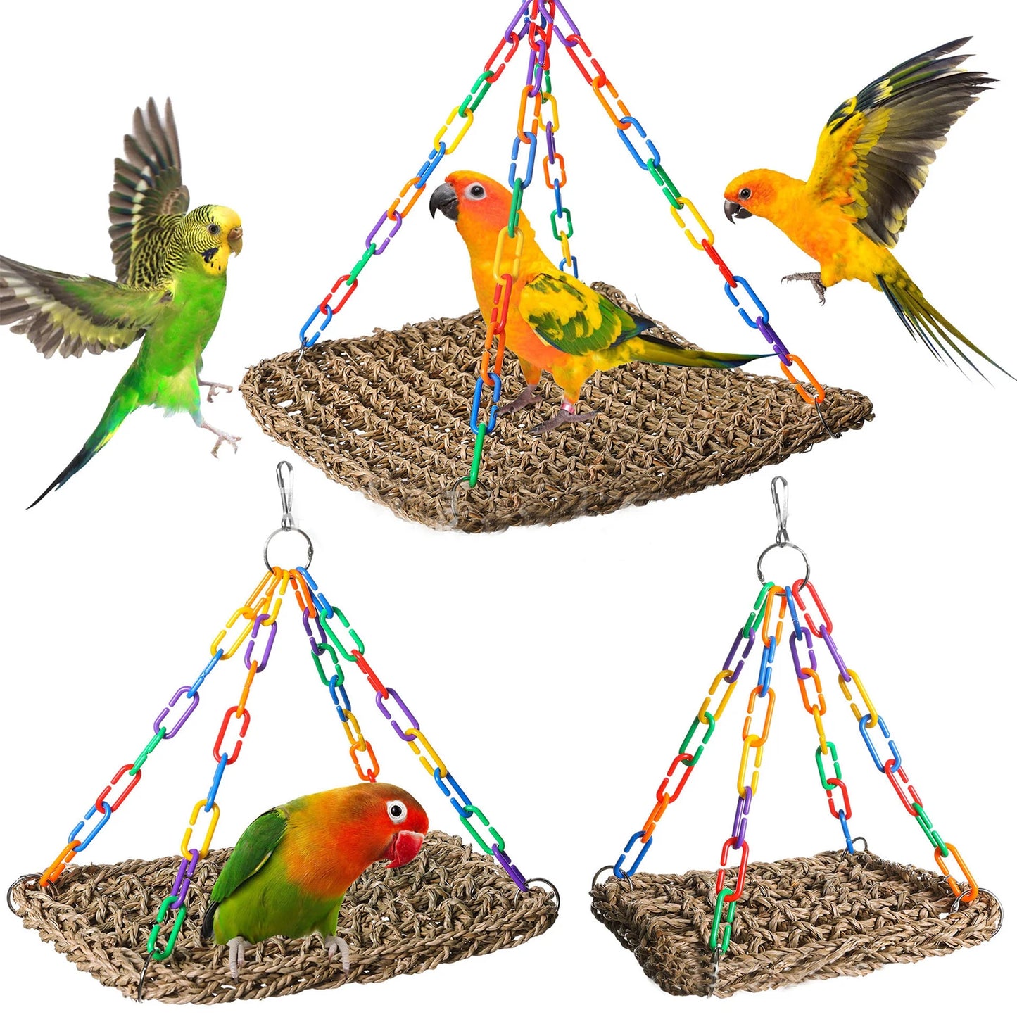 Parrot Swing Toy Woven Grass Hammock With Adjustable Chain Ring