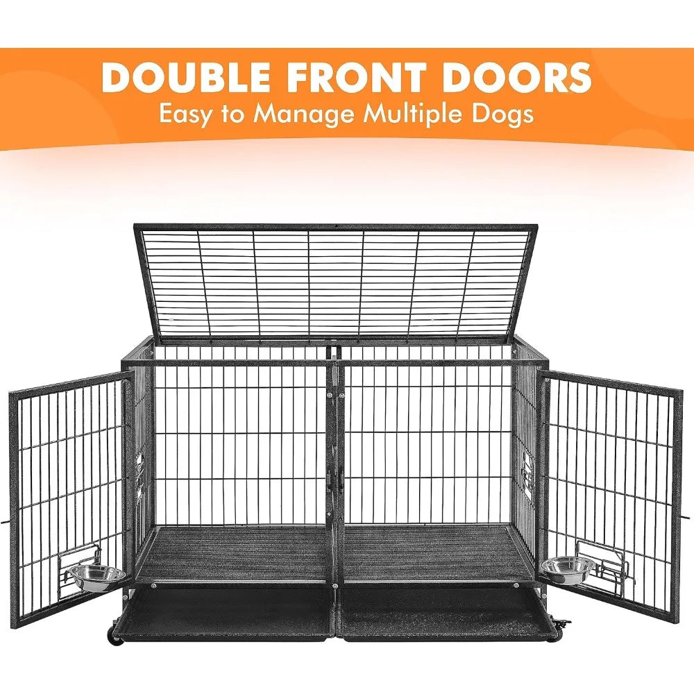 Stackable Dog Crate Heavy Duty Metal Kennel With Divider Water Bowl