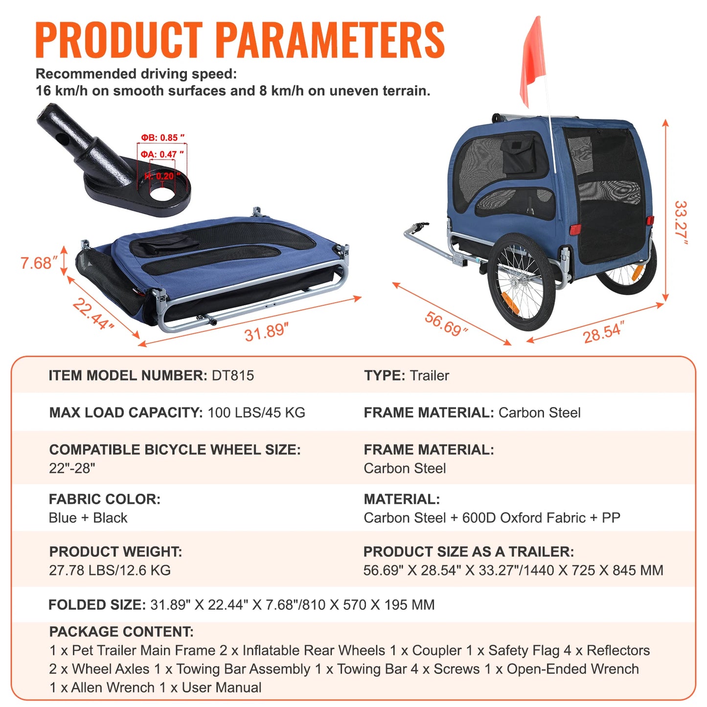 Pet Bicycle Trailer Carrier 100 Lb Capacity With Coupler
