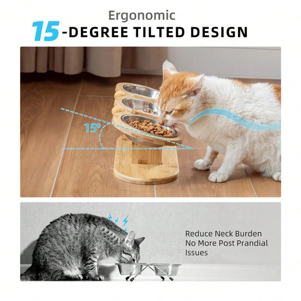 PETRAVEL Tilted Raised Cat Bowl With Stainless Steel Triple Bowls