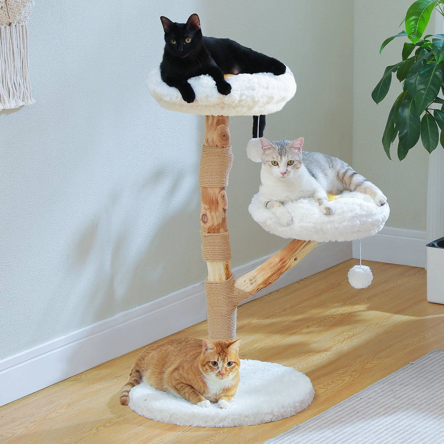 PAWZ Road Modern Cat Tree Tower With Natural Solid Wood Scratching Posts And Basket