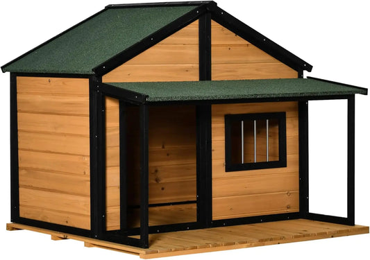 Cabin Style Raised Wooden Outdoor Dog House With Porch