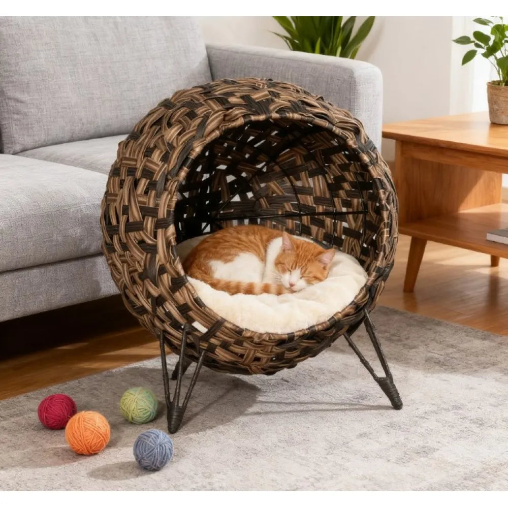 Elevated Handwoven Banana Leaf Cat House Condo With Cushion