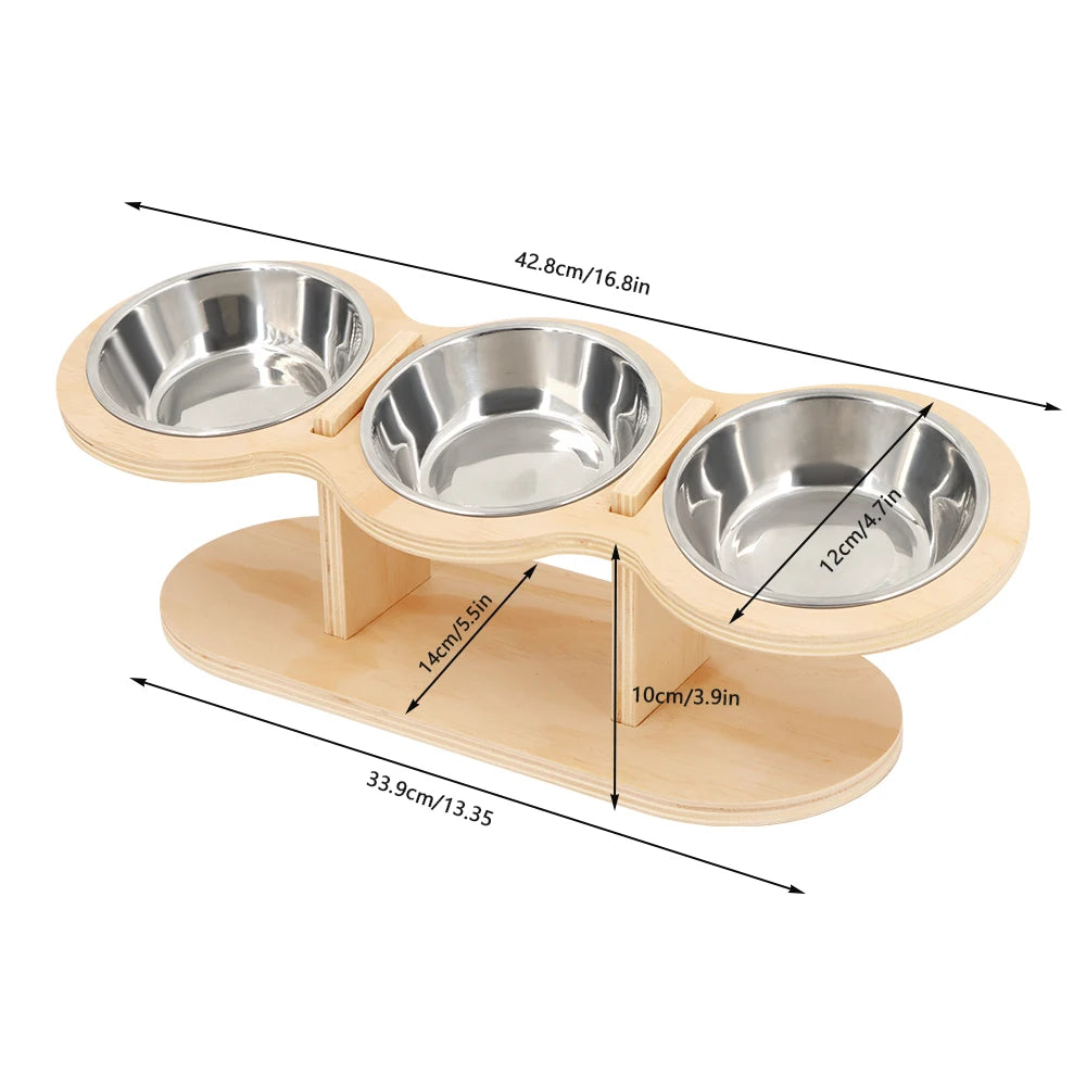PETRAVEL Tilted Raised Cat Bowl With Stainless Steel Triple Bowls