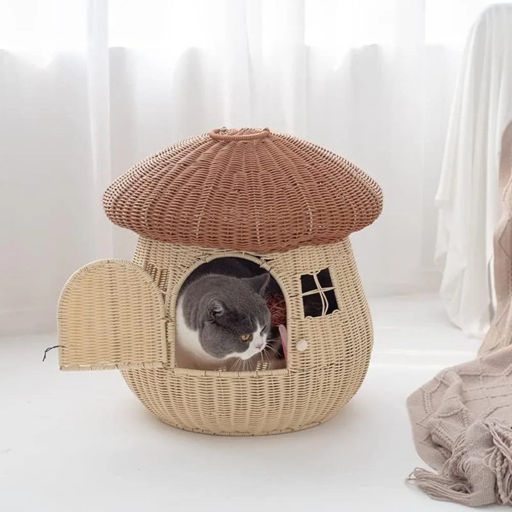 High Concerned Dual Use Pet Nest Mushroom House Raised Cat Bed For Indoor Use Hand Woven PP Rattan