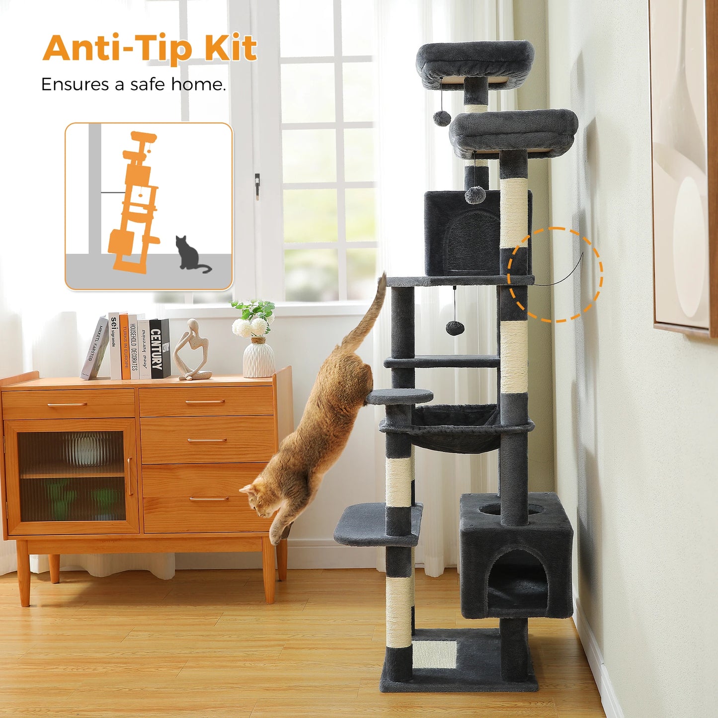 PEQULTI Multi Level Cat Tree Tower Scratching Posts Hammock Condo