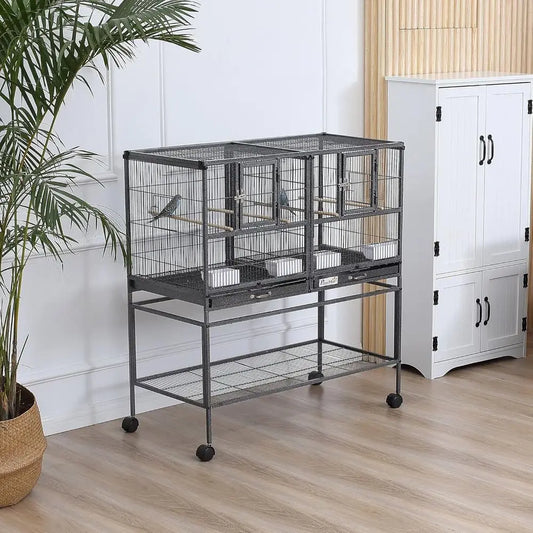 Divided Breeder Bird Cage With Rolling Stand And Removable Metal Tray