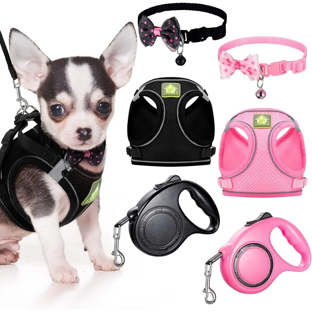 XMSJ 6 Pcs Dog Harness Set With Retractable Leashes Bowknot Collars Mesh Vest