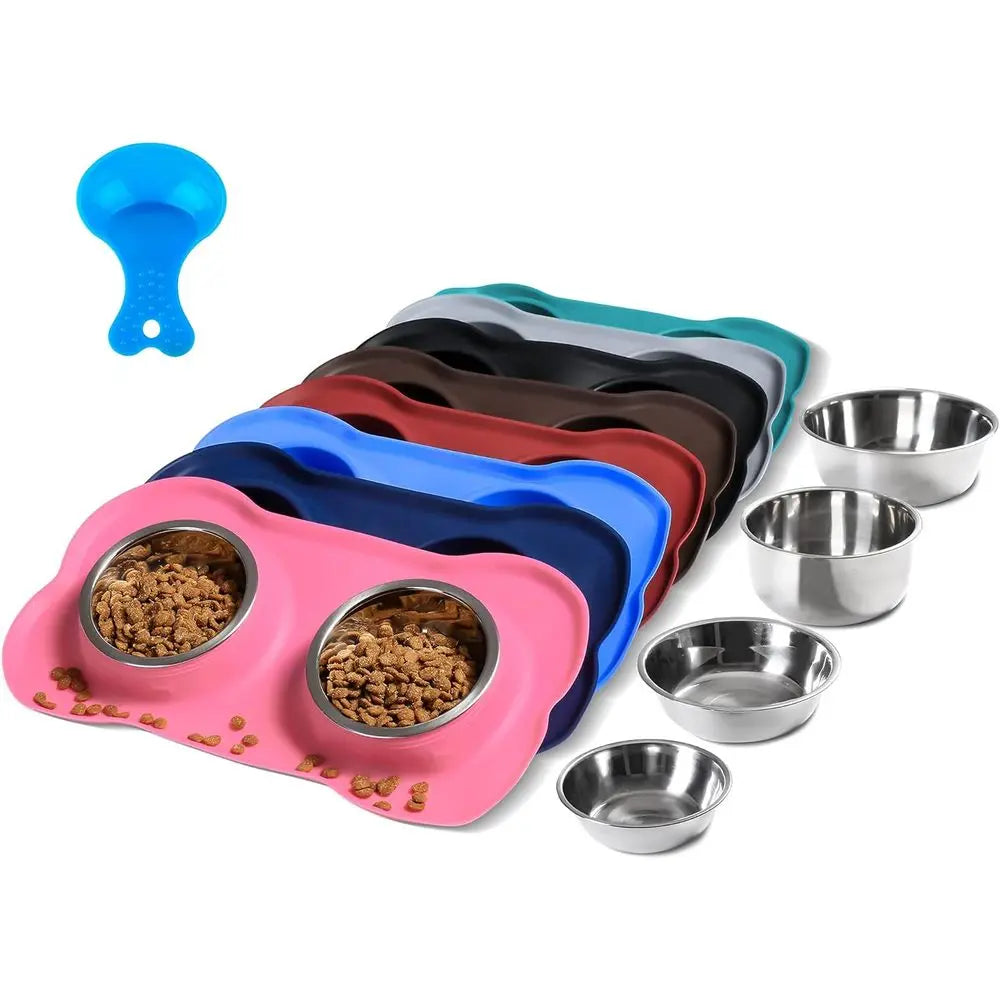 Stainless Steel Dog Bowls Set With Non Slip Silicone Mat