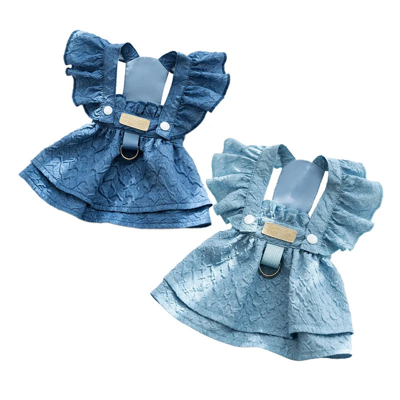 Hoopreety Denim Dog Dress For Small Dogs With Leash Ring