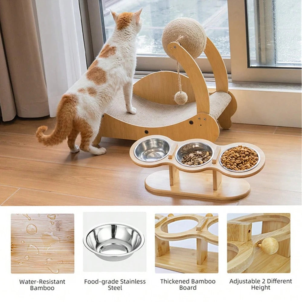 PETRAVEL Tilted Raised Cat Bowl With Stainless Steel Triple Bowls