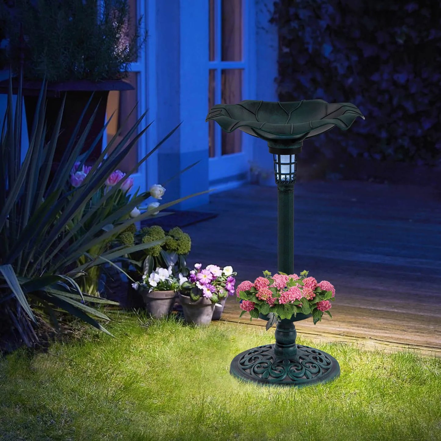 Solar Bird Bath Pedestal With Lotus Leaf Bowl And Feeder