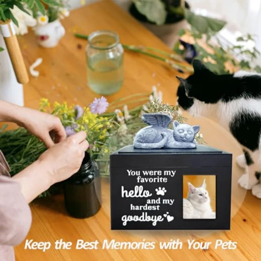 Cat Urn For Ashes Wooden Cremation Urn With Angel Statue