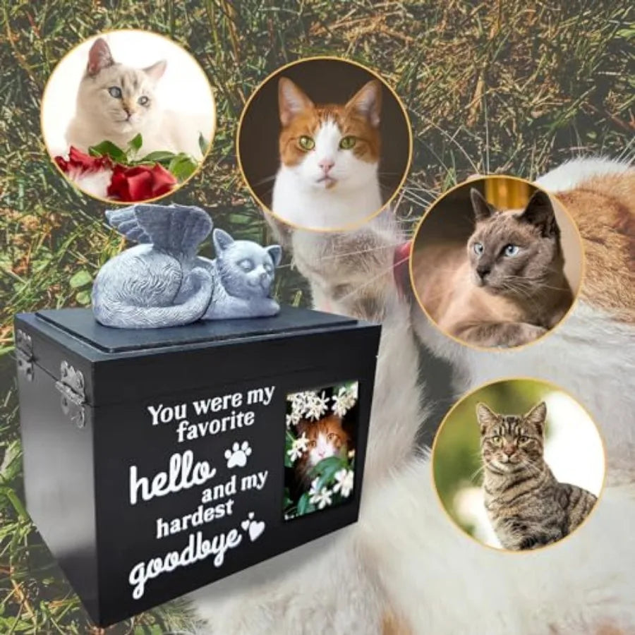 Cat Urn For Ashes Wooden Cremation Urn With Angel Statue