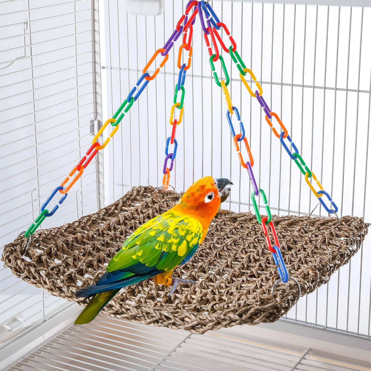 Parrot Swing Toy Woven Grass Hammock With Adjustable Chain Ring