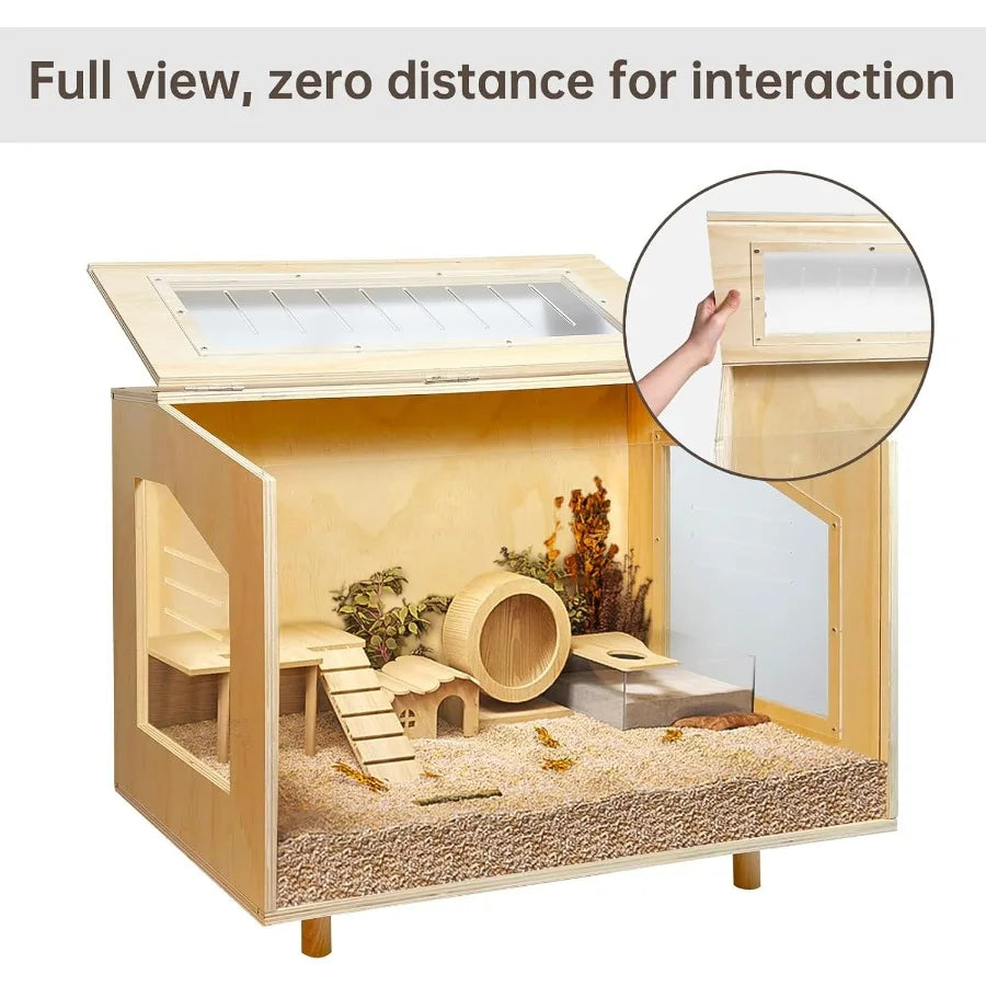 Wooden Hamster Cage With Open Top Habitat And Acrylic Pan