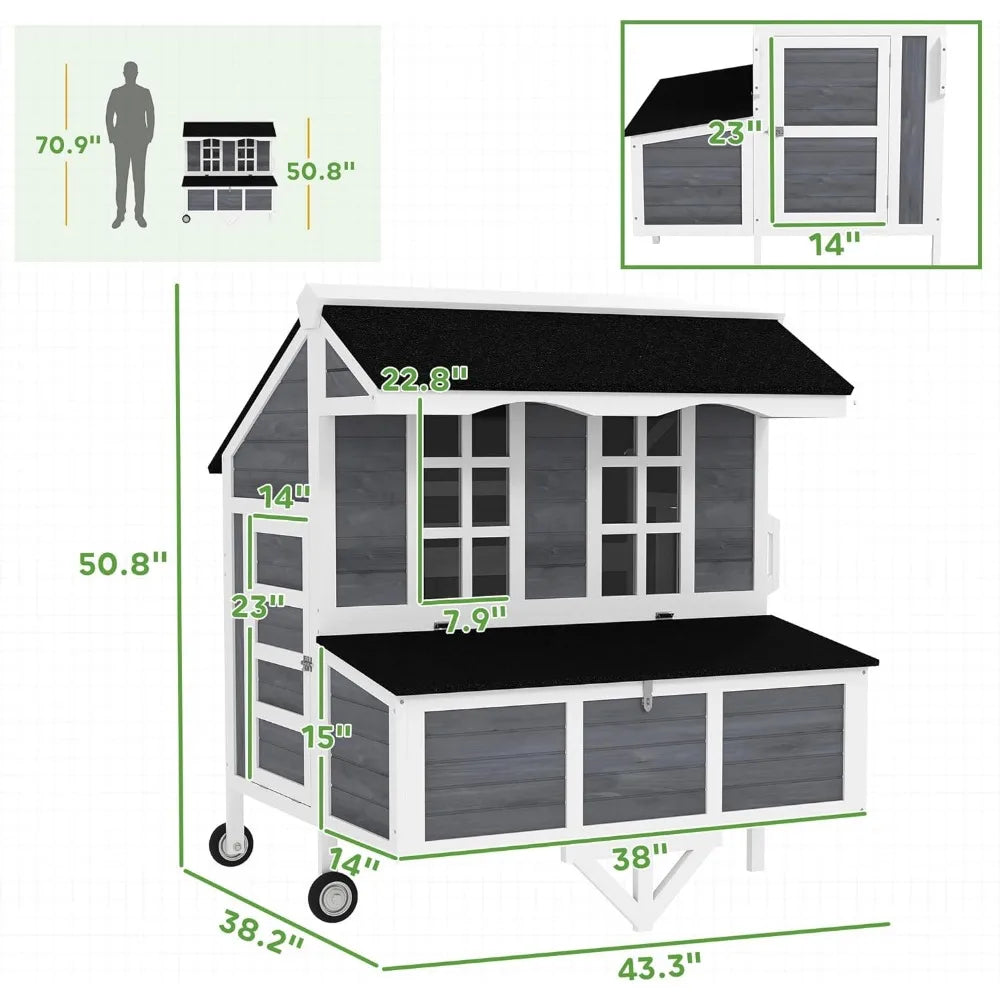 MKDK Mobile Chicken Coop With Nesting Box Windows Perches Tray