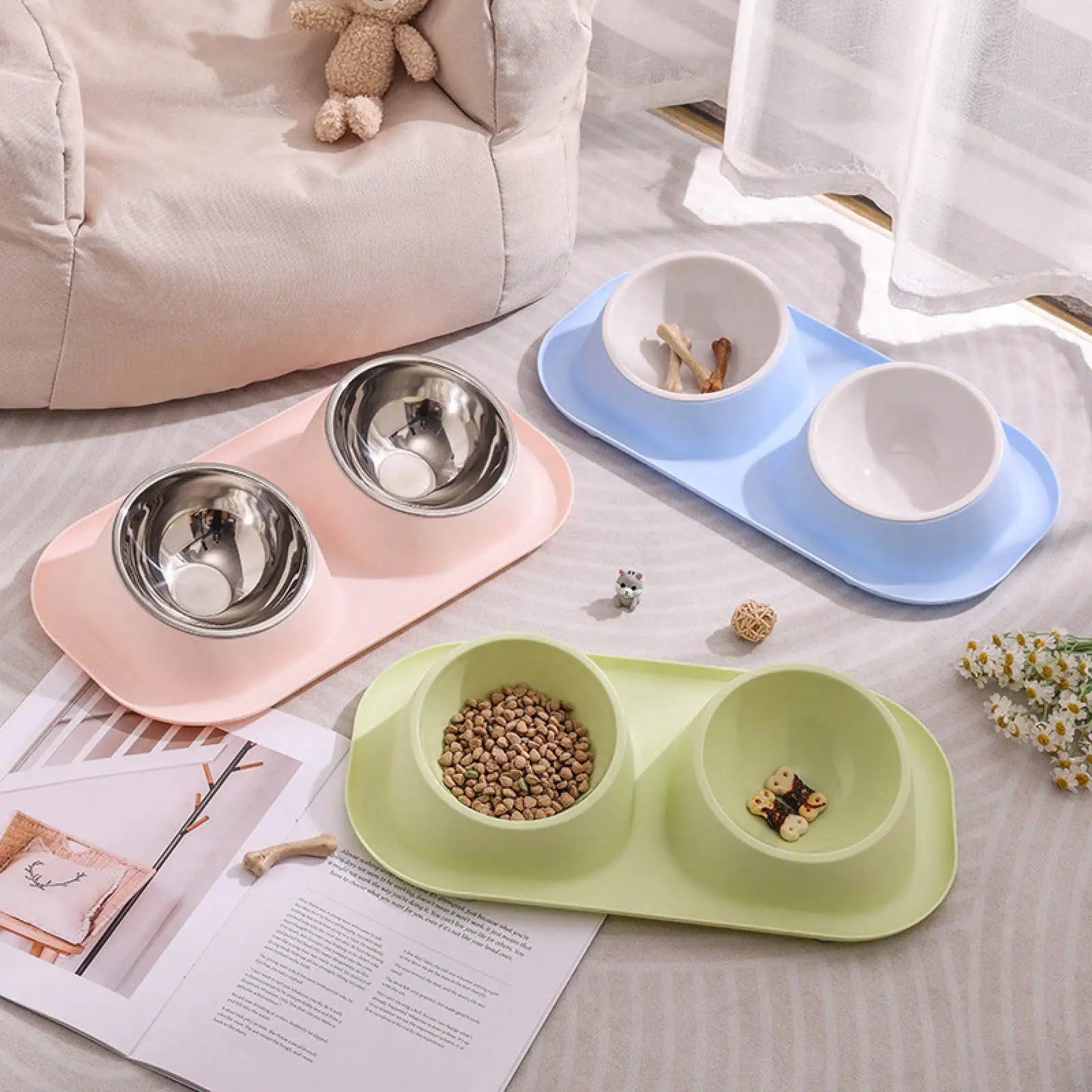 Double Pet Bowls With Non Slip Base Ceramic Food Water
