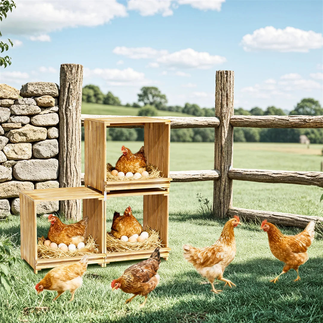 BINGOPAW 3 Compartment Pine Wood Chicken Nesting Box For Egg Laying