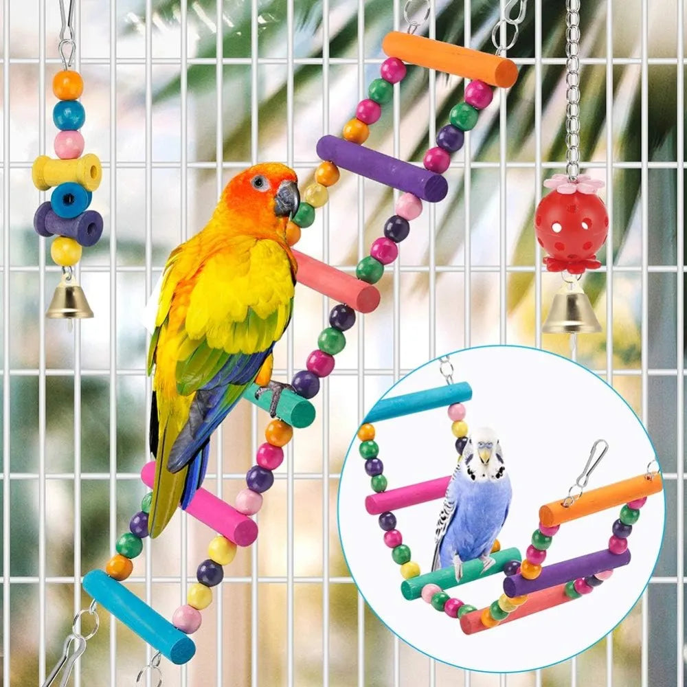 11 Piece Wooden Bird Toy Set For Parrots Budgies Playtime