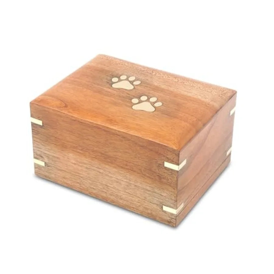 Wooden Cremation Pet Urn Brass Paws Inlaid Memorial Box