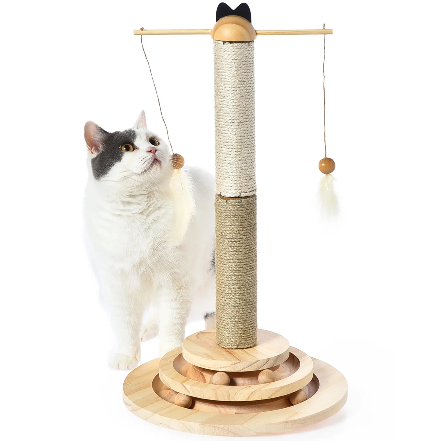 Interactive Cat Scratching Post With 2 Tier Ball Track And Hanging Feathers
