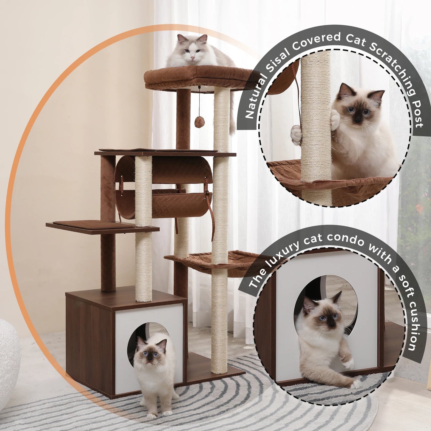 PAWZ Road Multi-Level Wood Cat Tree With Tunnel Scratching Post