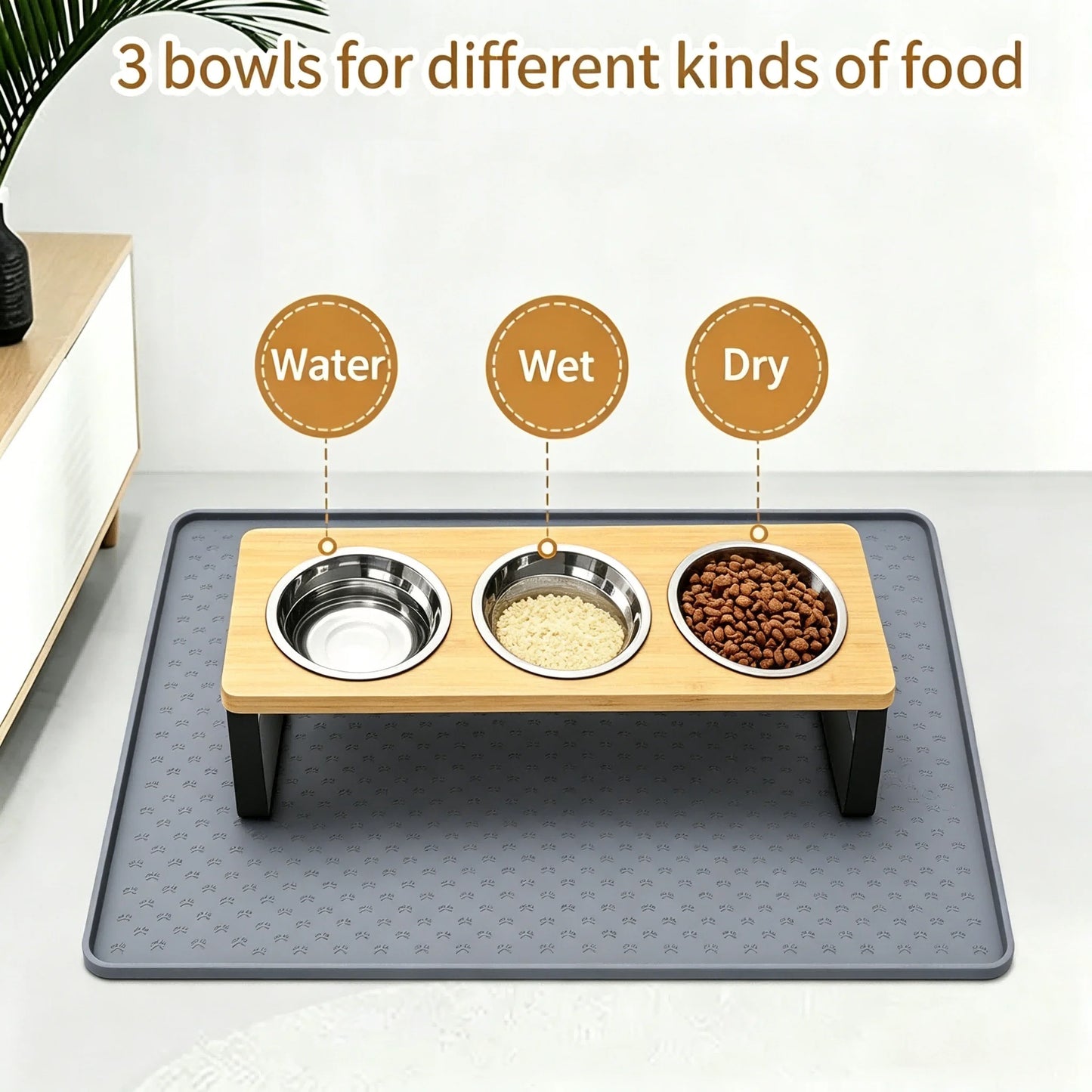 Elevated Cat Feeder With Tilted 15 Degree Stand And Stainless Steel Bowls