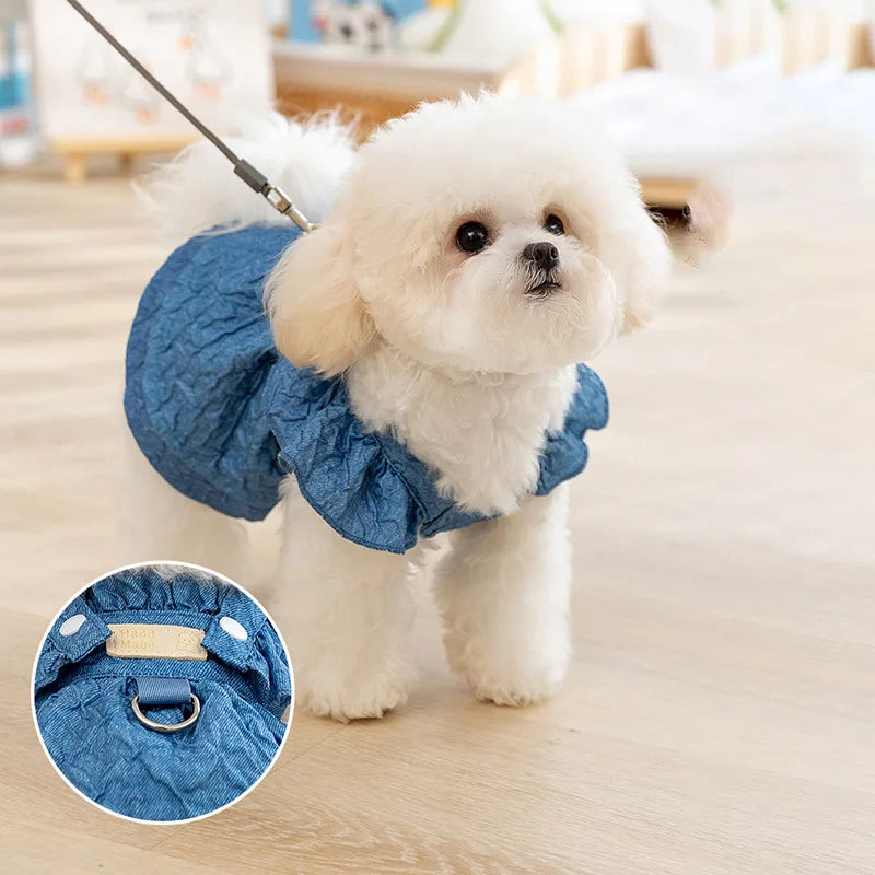 Hoopreety Denim Dog Dress For Small Dogs With Leash Ring