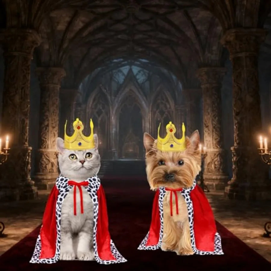 Cat King Costume With Velvet Cloak And Golden Crown Set