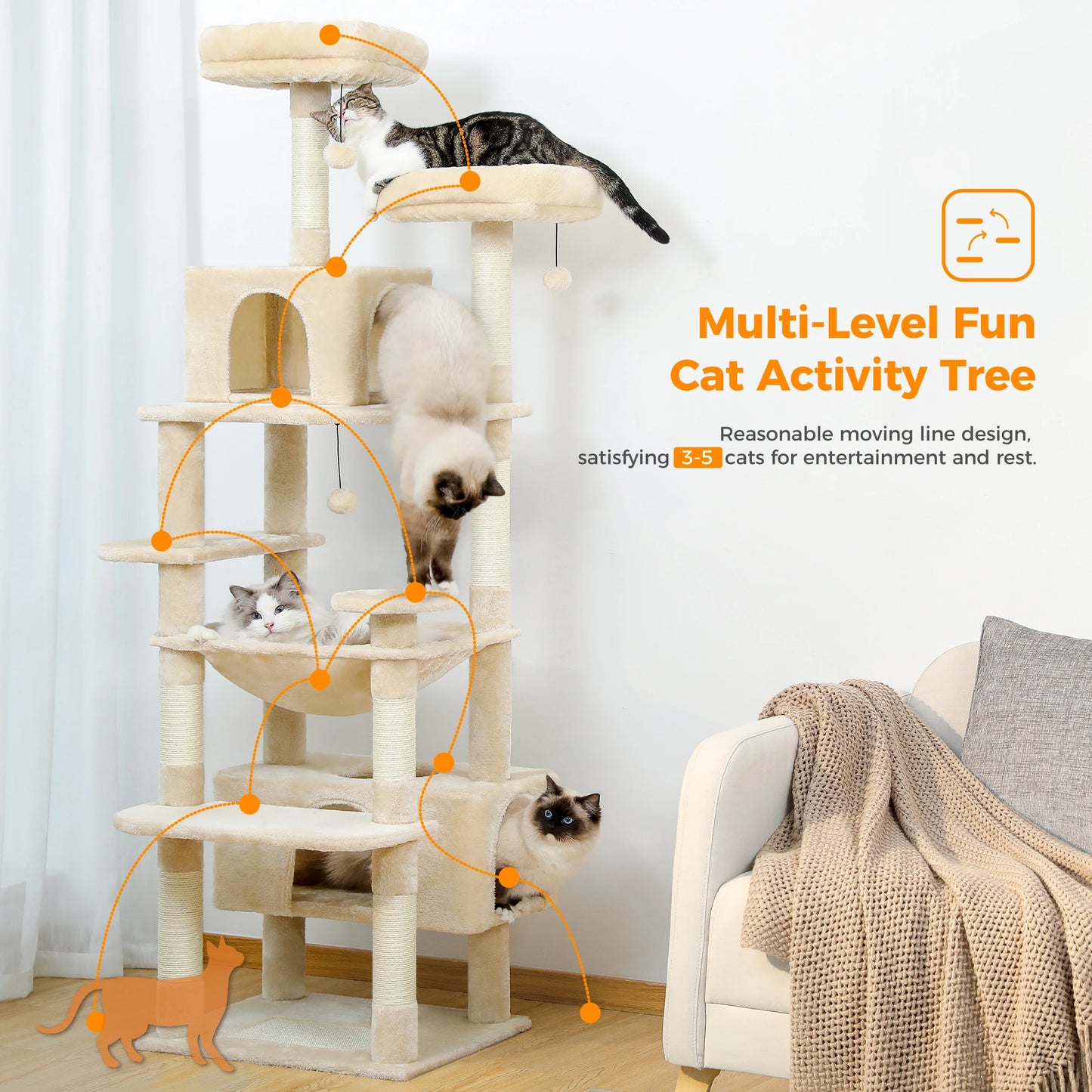 PEQULTI Multi Level Cat Tree Tower Scratching Posts Hammock Condo