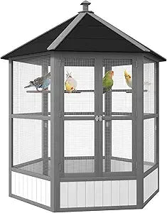Wooden Hexagonal Outdoor Bird Aviary Cage With Covered Roof