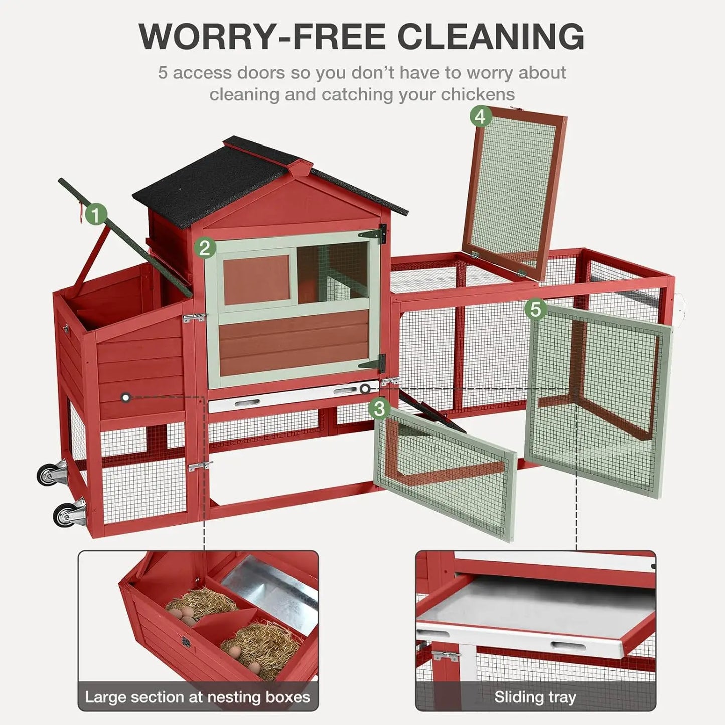XMSJ Outdoor Chicken Coop With Wheels Nesting Box Leakproof Tray