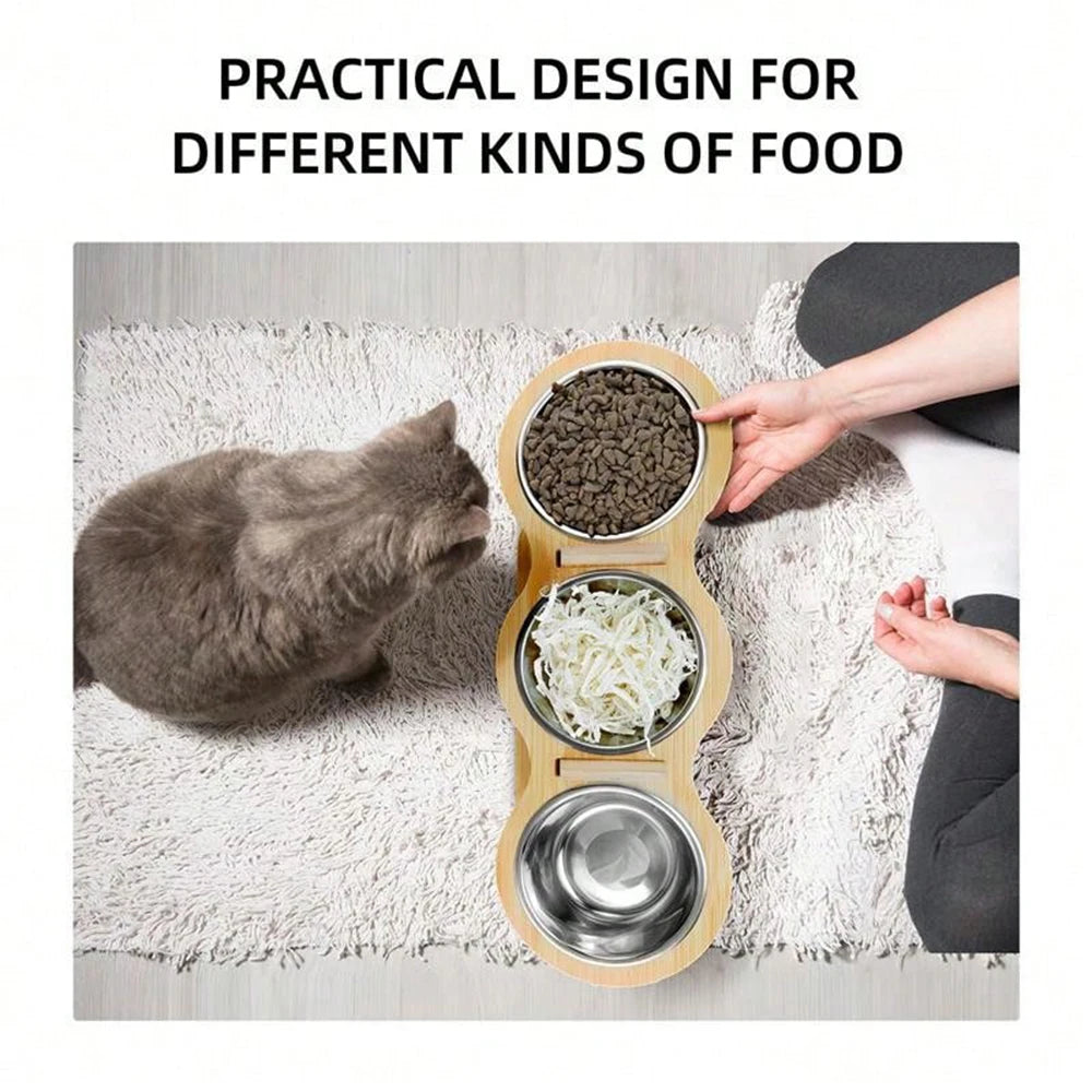 PETRAVEL Tilted Raised Cat Bowl With Stainless Steel Triple Bowls