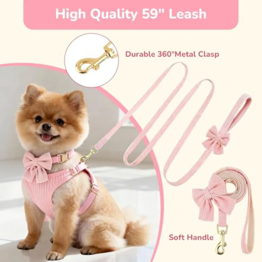 Dog Collar Harness And Leash Set No-Pull Breathable Cotton Bowtie