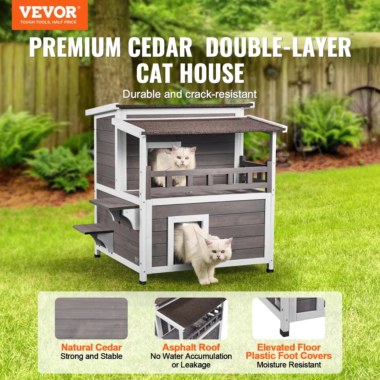 Outdoor Cedar Cat House Weatherproof Shelter With Balcony Roof