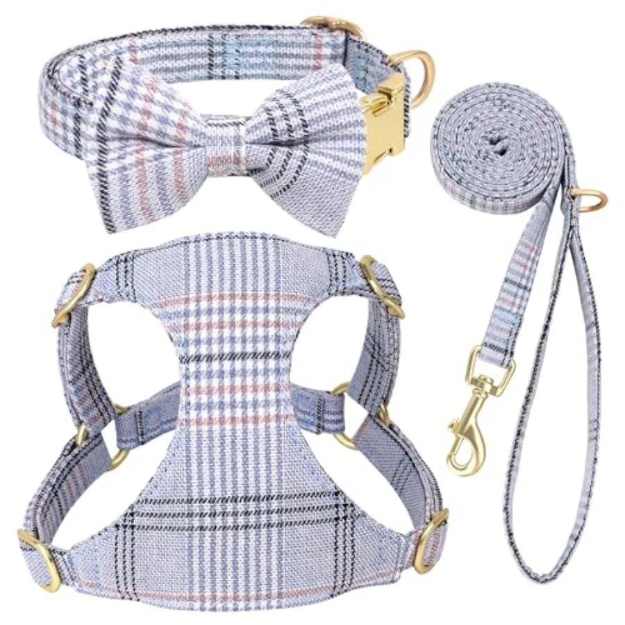Dog Harness Collar And Leash Set With Bowtie For Pets