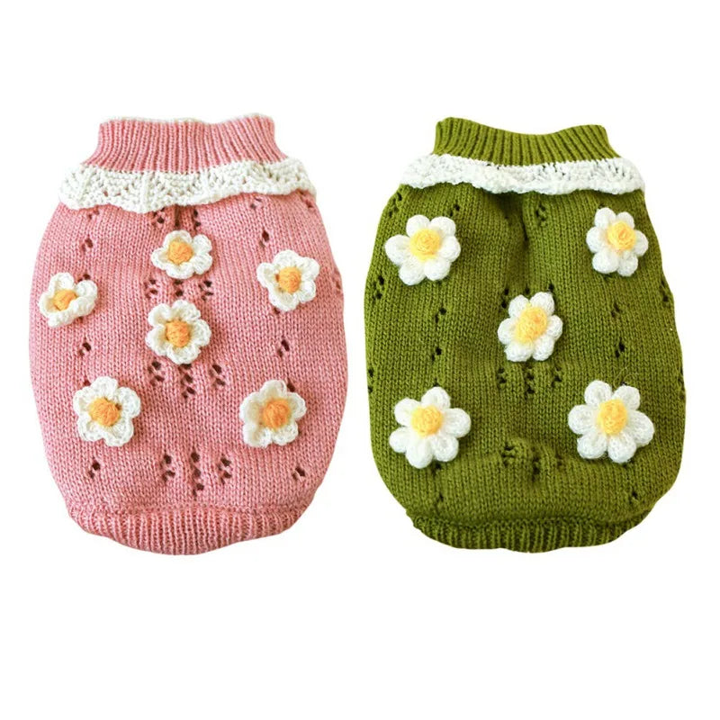 Floral Knit Dog Sweater For Dogs Warm Cozy Pet Sweater