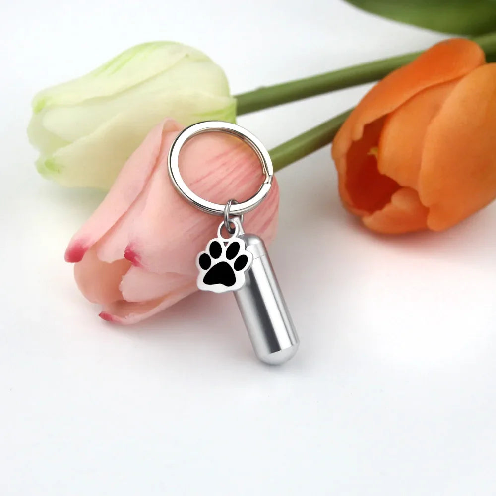 Pet Urn Keychain Paw Print Cylinder Urn Pendant Keepsake