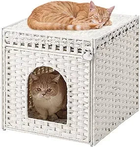 Handwoven Rattan Double Cat Cave Bed with Soft Cushions