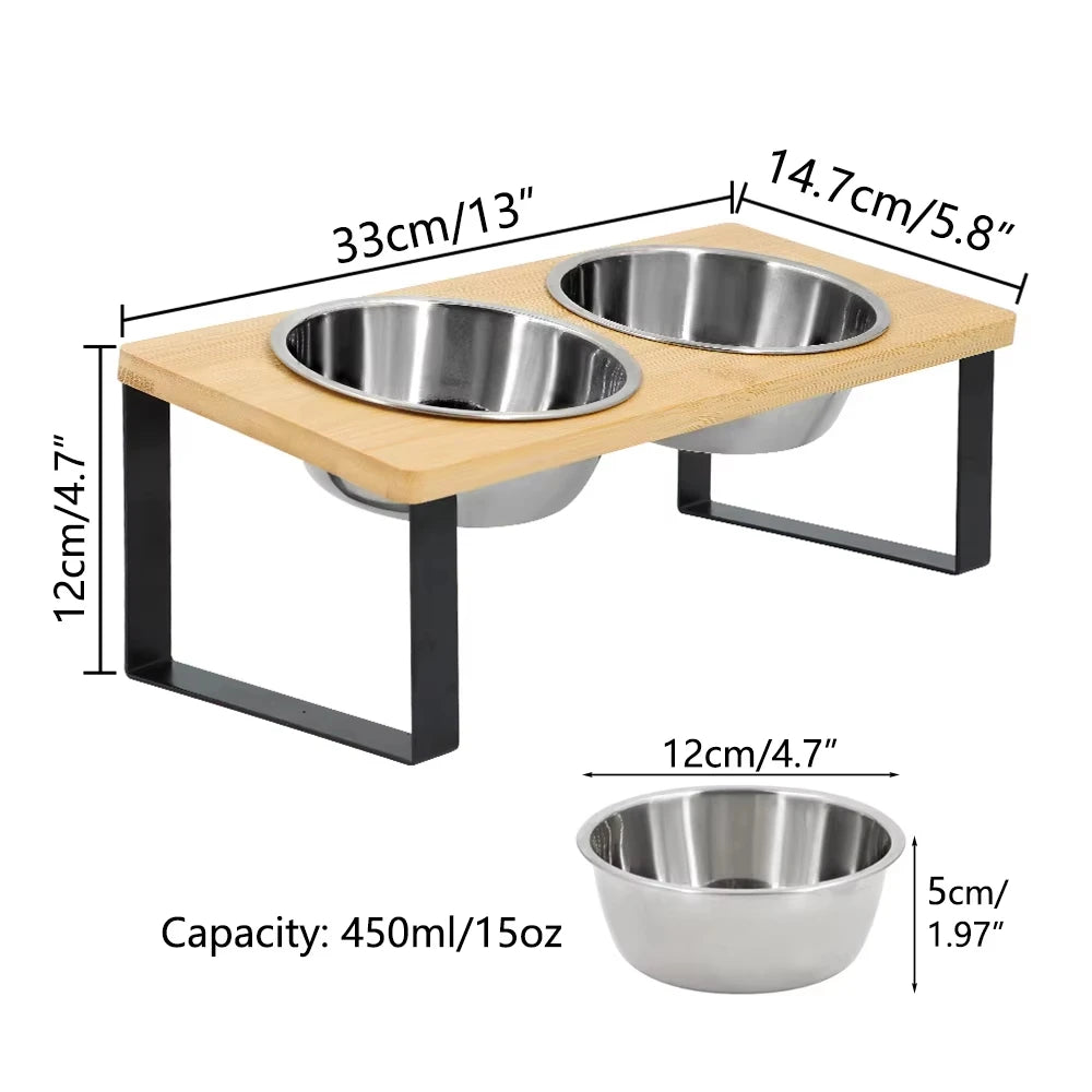Elevated Tilted Cat Bowls With Wooden Stand And Stainless Steel Bowls