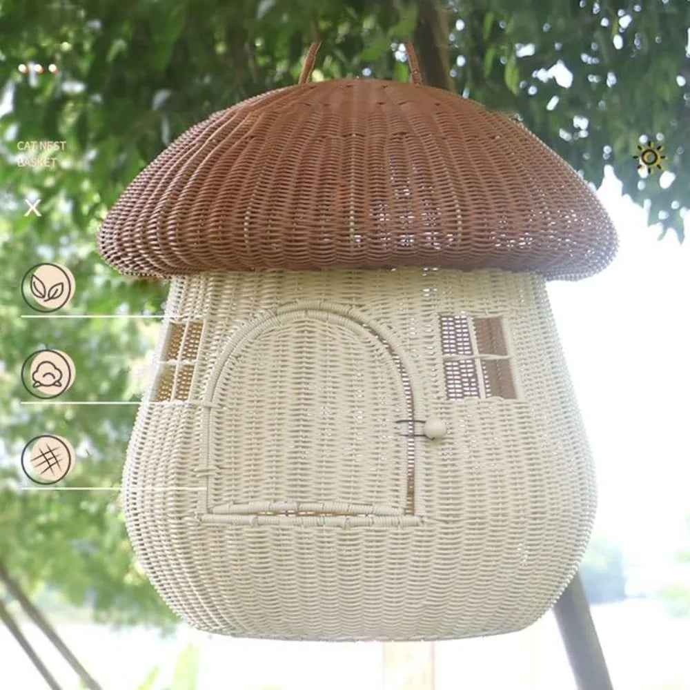 Indoor Dual Use Pet Nest Mushroom House Cat Bed And Dog Kennel Hand Woven From PP Rattan