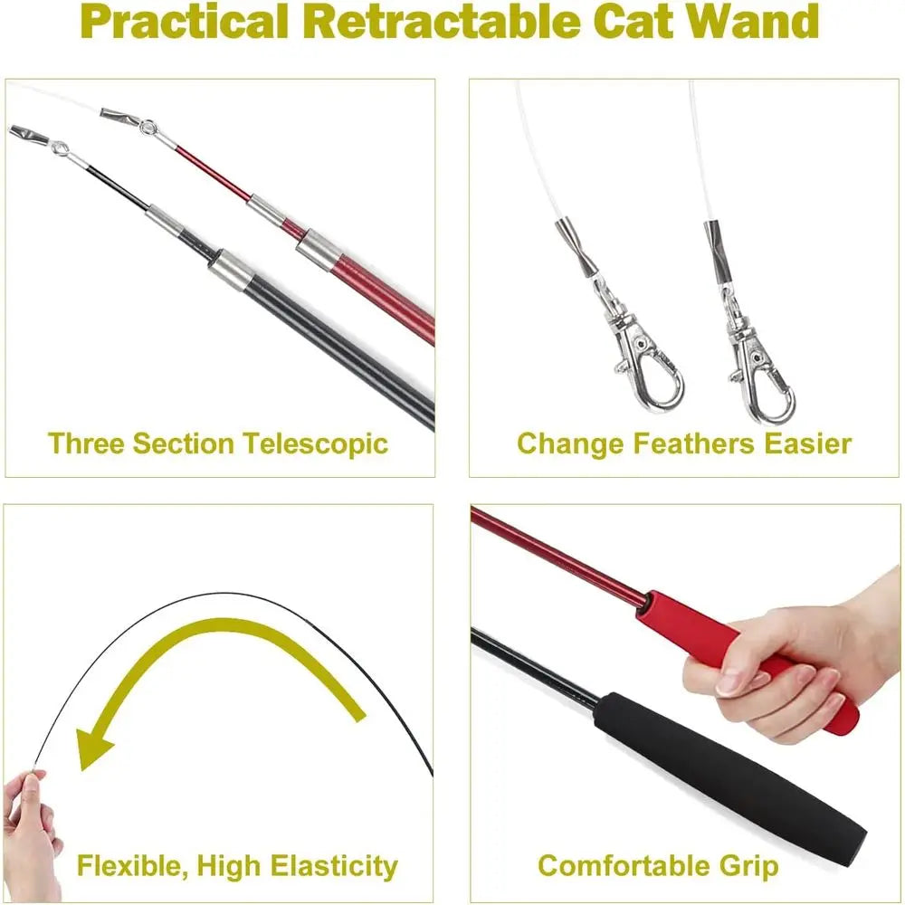Indoor Cat Toy Set With Interactive Retractable Wand And 9 Piece Feather Toys