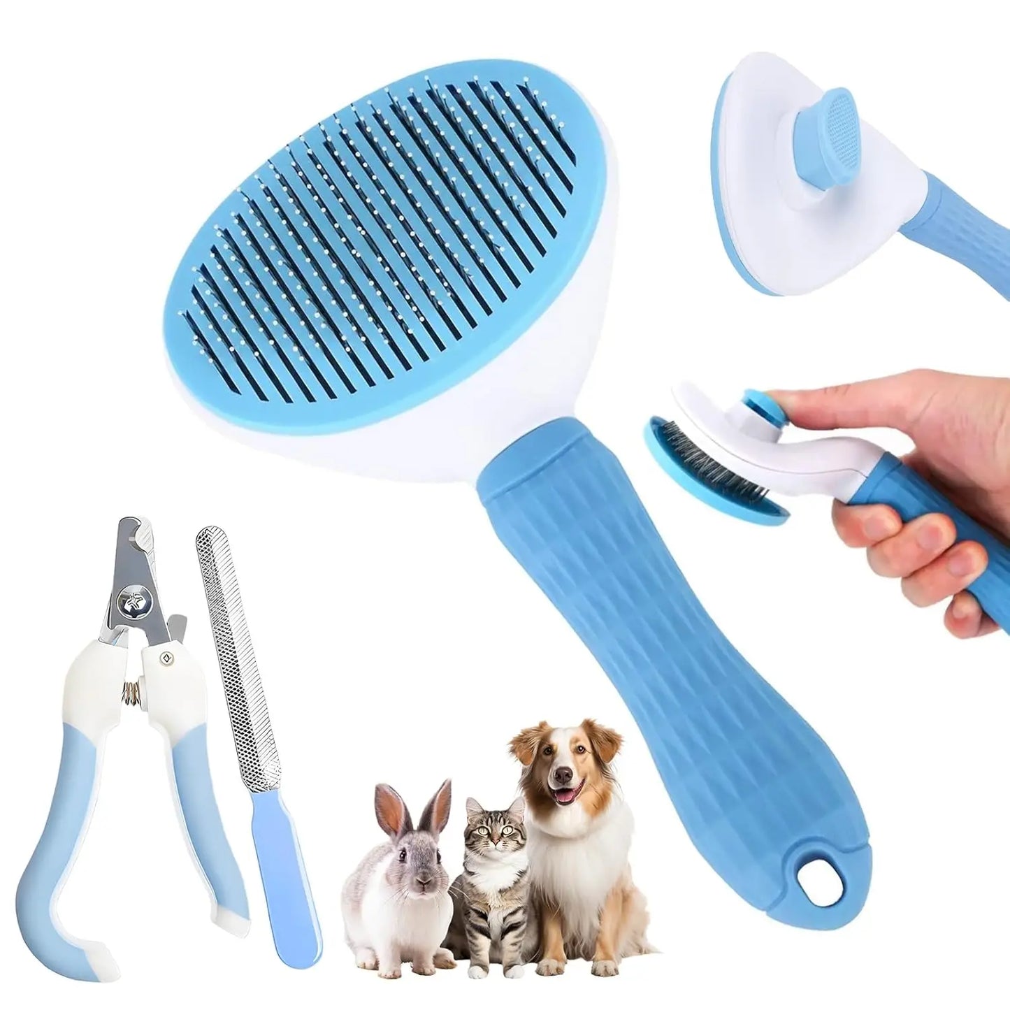 Pet Grooming Kit With Self Cleaning Slicker Brush And Nail Clipper