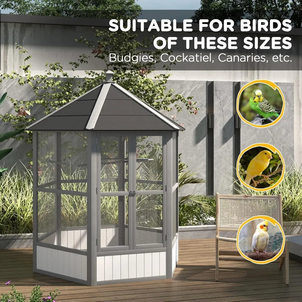 Wooden Hexagonal Outdoor Bird Aviary Cage With Covered Roof