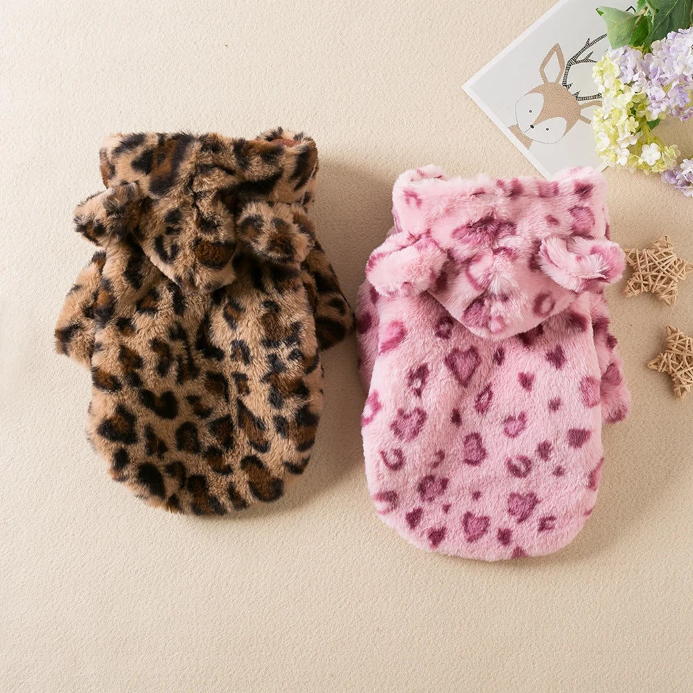 Winter Fleece Dog Hoodie Leopard Pattern Coat for Dogs