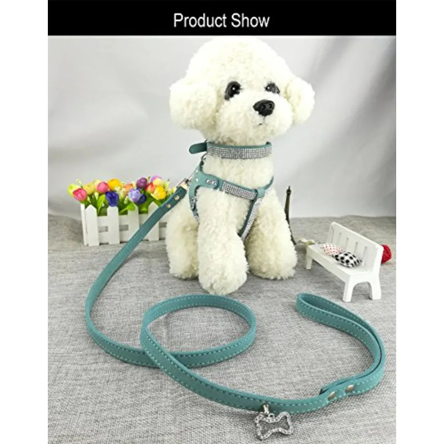 Dog Collar Harness And Lead Set Diamante With Leashes