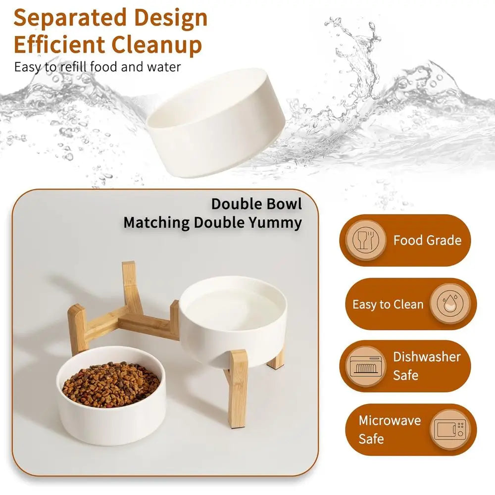 Raised Dog Bowls With Non Slip Bamboo Stand Double Feeding Bowls Set