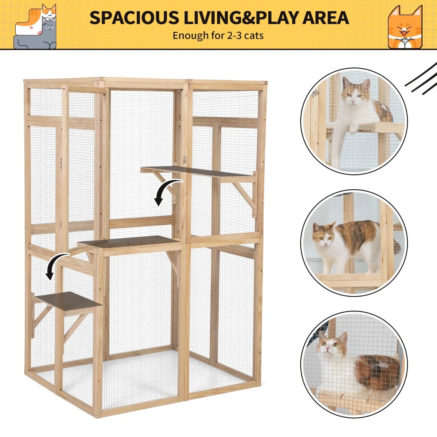 Wooden Outdoor Catio Enclosure With Window Access And Three Platforms