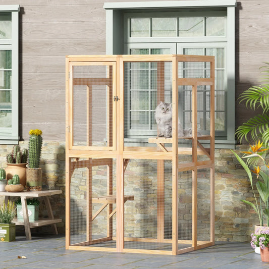 Wooden Outdoor Catio Enclosure With Window Access And Three Platforms